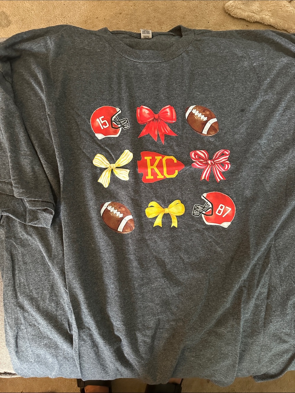 Gildan Gray KC Football & Bows Kids Tee with Red and Yellow Accents